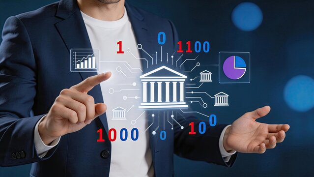 Digital banking fintech data analysis, financial technology innovation with binary code, investment charts, economy statistics, online payment system and modern business dashboard