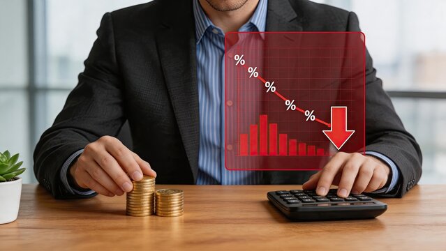 Businessman analyzing financial loss, economic recession concept with declining chart and calculator, corporate crisis management strategy, budget cuts and profit decrease in