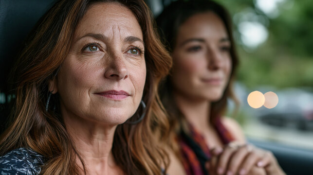 An estranged mother and adult daughter share a wordless car ride to a family funeral, hands folded separately, suburban highway blurring past the passenger window, ideal for family estrangement, gri