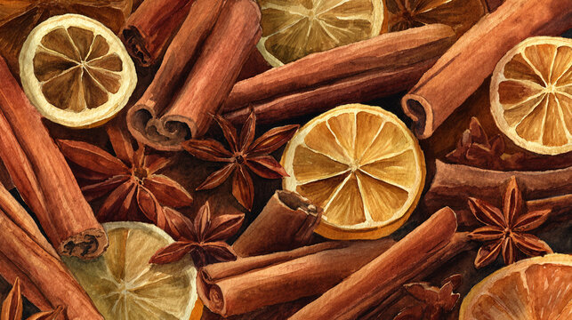Watercolor illustration of winter spices in full frame composition, dense overlapping cinnamon sticks, star anise and dried orange slices with cozy warm tones.