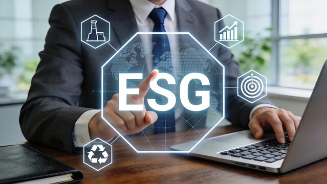 Businessman touching ESG hologram interface, sustainable development goals and corporate social responsibility, global economy and green energy concept, interactive technology