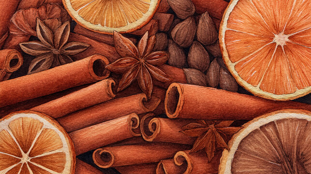 Watercolor illustration of winter spices in full frame composition, dense overlapping cinnamon sticks, star anise and dried orange slices with cozy warm tones.