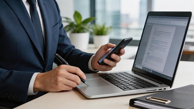Executive multitasking with smartphone and laptop, remote work communication, business document review, modern office environment, professional using mobile device and computer