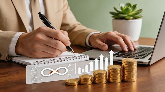 Financial growth concept with gold coins stack, investment profit increase, economic success chart, wealth accumulation strategy, business revenue rising trend analysis and money