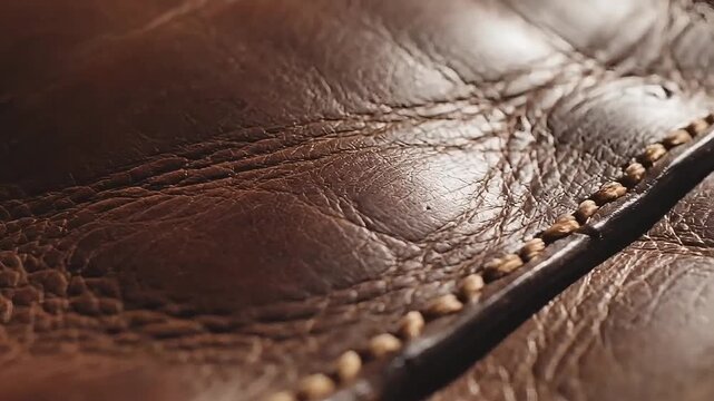 Rich textured brown leather with visible stitching, showcasing craftsmanship and durability