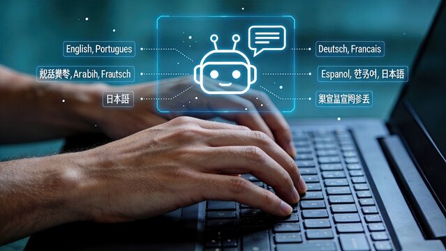 Hands typing on keyboard with robot chatbot icon, artificial intelligence translation software, multi-language communication tool, global connectivity, automated customer support,