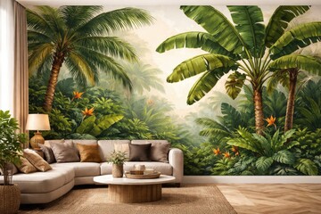 Fototapeta premium Vector design of a vibrant jungle interior mural highlighting banana trees and palm fronds
