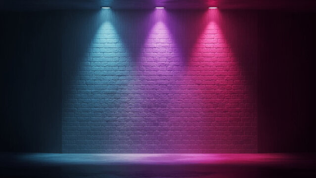 White brick wall illuminated by three spotlights casting blue purple and pink light beams onto the textured surface and dark floor in a studio setting