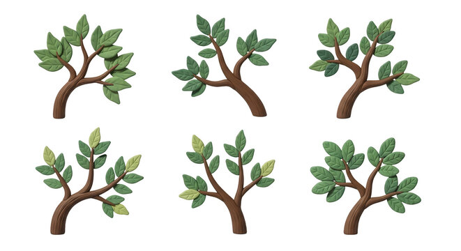 clay trees of various growth stages with light shadows cast on a white background illustration