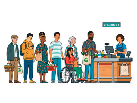 vector Diverse group of people waiting in line at a grocery store checkout counter with reusable bags