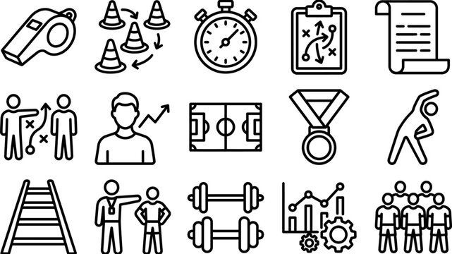 Black line icons of sports and fitness activities and people  various exercise and workout concepts
