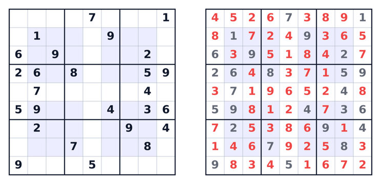 Completed and empty Sudoku puzzle side by side on a white background  