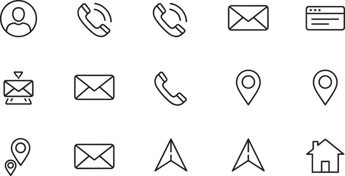 Minimalist Contact Information Vector Icon Set with Web Browser, Telephone Handsets, Email Envelopes, Map Pins, and Navigation Arrow Pointers
