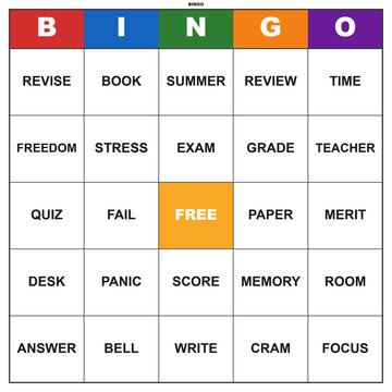 Bingo game sheet related to study and exam preparation concepts  