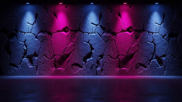 Cracked stone wall texture illuminated by alternating blue and magenta spotlights in a dark room with a smooth reflective floor surface