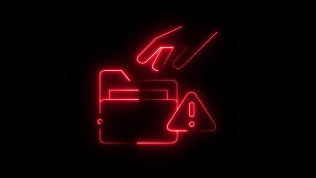 Red neon glowing animation of a hand accessing a file folder with a warning symbol, data breach, cyber security, threat, or information theft