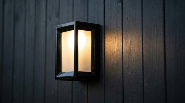 Glossy Black Exterior Wall Light Fixture Illuminating a Wooden Surface with a Warm Glow