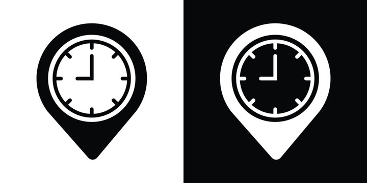 Vector map pin icon with clock face symbol. Black and white versions representing location time, opening hours, schedule tracking, and delivery ETA. Flat minimalist design isolated.