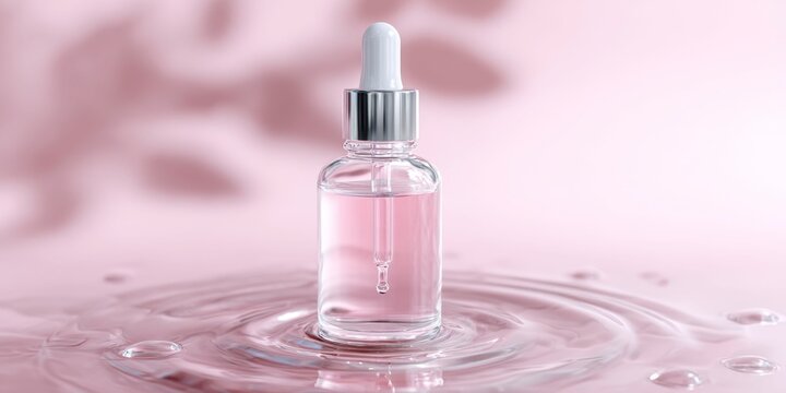 glass bottle of serum with a dropper on a pink background, with liquid ripples in the air around it