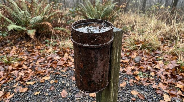 Rusted Metal Rain Gauge Filled with Water Standing on a Wooden Post in an Autumn Forest