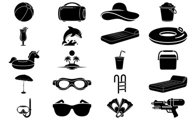 Summer pool party vector silhouette icons set for beach, vacation, and swim designs © alien AZ