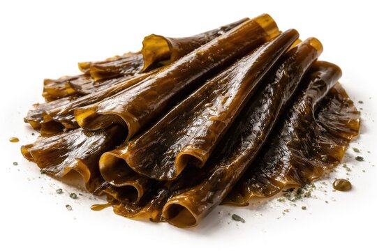 Rich brown algae kombu kelp set against a white backdrop for culinary showcasing