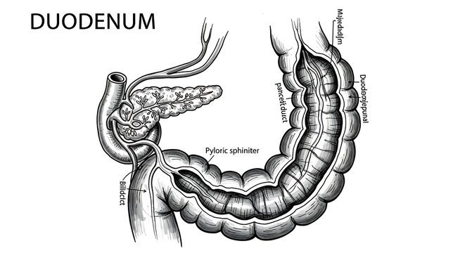Duodenum anatomy medical illustration diagram.