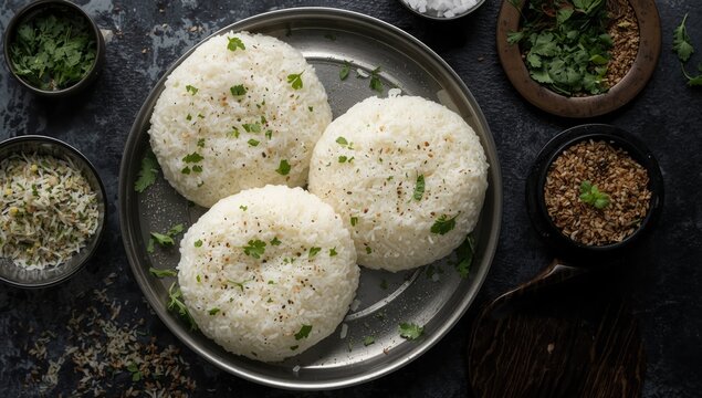 Soft Appam and Kallappam on Metal Plate Breakfast Setting, Garnished with Fresh Herbs