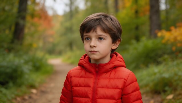 Young boy in red jacket in forest