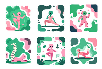 Fototapeta premium Focused Mobility Exercise Session: Determined Cute Alien Blob Illustration Set for Fitness and Core Strength Improvement Concept