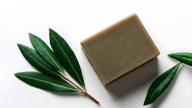 Natural Olive Soap Bar with Green Leaves on White Background