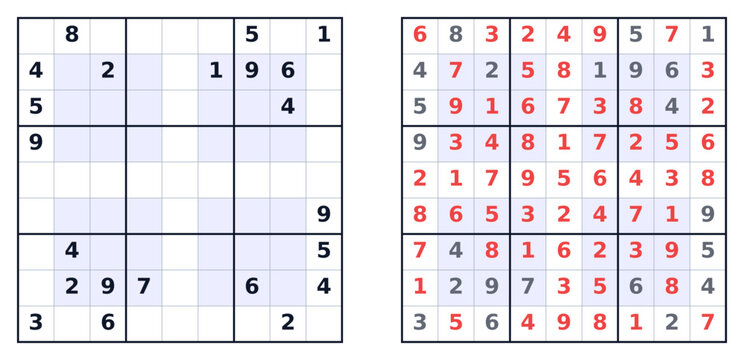 Sudoku puzzle template and completed grid with highlighted numbers  