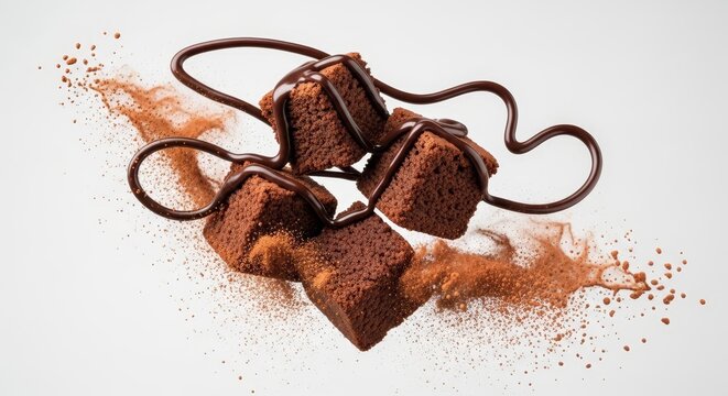 Delicious chocolate brownies with chocolate drizzle and cocoa powder dusting, artfully arranged for a gourmet presentation.