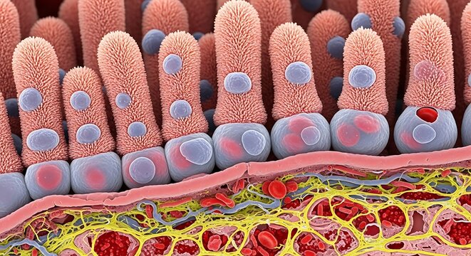 Microscopic view of intestinal villi and blood vessels.