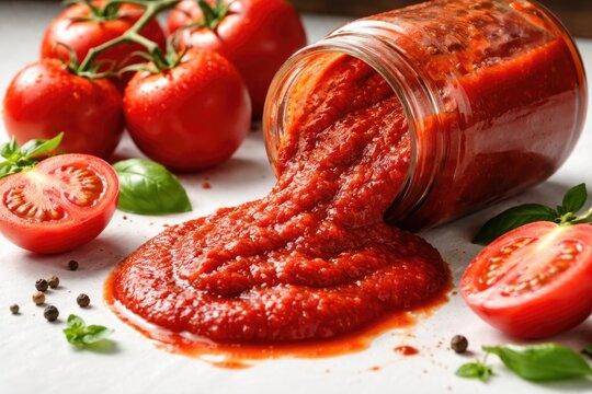 Spilled tomato paste flowing out of a glass jar onto a white surface with fresh tomatoes nearby highlighting rich colors and natural textures