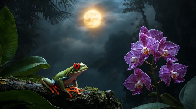 Red-eyed tree frog sitting beside exotic orchids