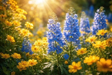 Obraz premium Radiant sunlight highlighting vivid blue flowers surrounded by yellow blossoms