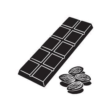 Dark Chocolate Bar With Roasted Almond Nuts Vector Illustration Black Silhouette Graphic.