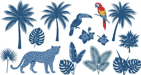 Tropical Jungle Wildlife Element Set with Blue Leopard, Toucan, Colorful Macaw Parrot, Palm Trees, and Exotic Botanical Monstera Leaves © Sohel