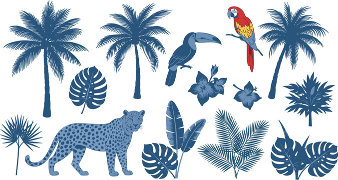 Tropical Jungle Wildlife Element Set with Blue Leopard, Toucan, Colorful Macaw Parrot, Palm Trees, and Exotic Botanical Monstera Leaves