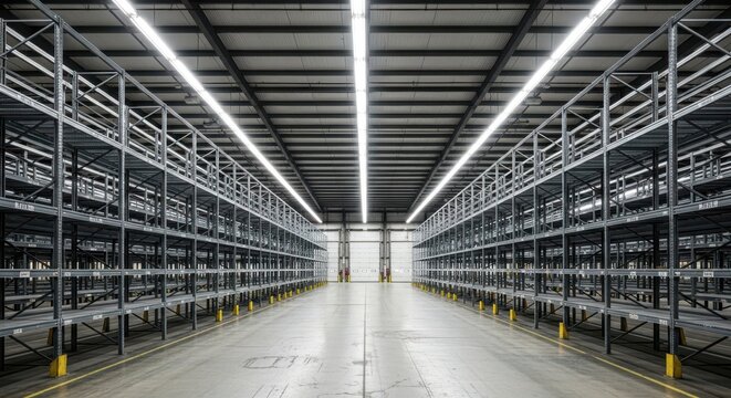 Vast empty industrial warehouse interior with rows of tall steel shelving and overhead lighting.