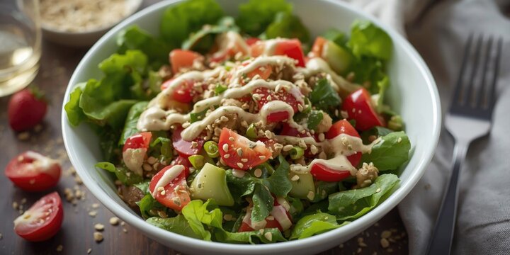 Bright fresh salad accompanied by a healthful homemade poppyseed dressing