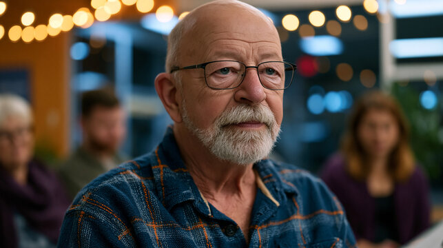 A widower sits at the edge of a grief group circle, holding a folded photograph rather than opening it, community center fluorescent buzz softened by a string of caf&eacute; lights overhead, perfect for gr