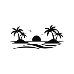 Fototapeta premium Tropical island sunset vector silhouette with palm trees and birds for summer design