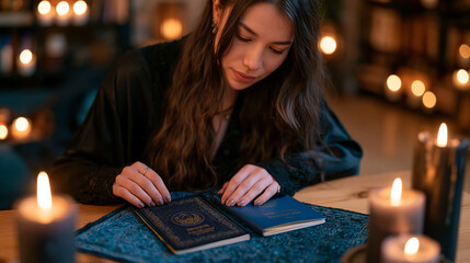 Fototapeta premium A young woman arranges two passports on a wooden table under candlelight, one traditional embroidery border and one modern blue cover, perfect for dual identity, cultural conflict, and contemporary 