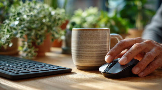 Close up of person using computer mouse at wooden desk with coffee mug and green house plants