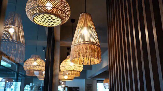 Decorative lamps hanging from ceiling in a dimly lit indoor space