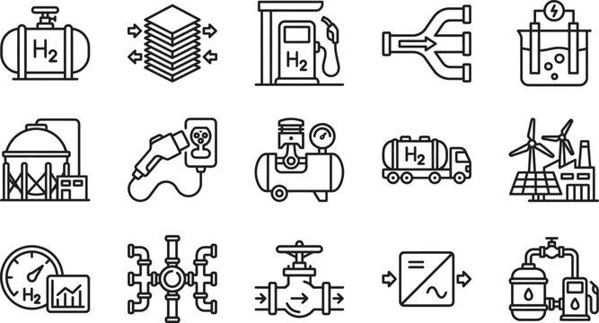 Hydrogen fuel cell energy icons set for sustainable power solutions