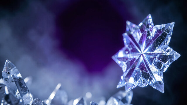 Illuminated sharp ice crystal structure against dramatic dark purple background