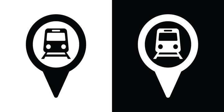 Train on tracks location marker icon. Black and white flat vectors for subway entrances, transit railway hubs, metropolitan metro stations, and public transportation commute spots.